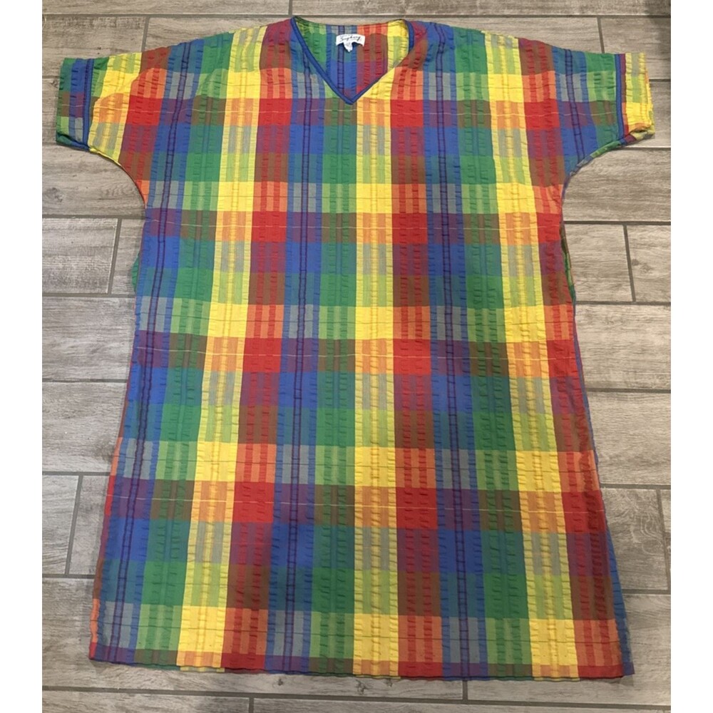 Vintage Caftan Styled By Saybury Rainbow Madras One Size Muumuu House Dress